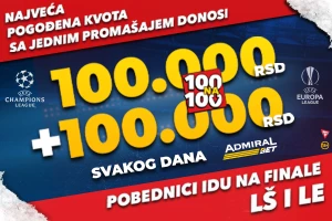 AdmiralBet  – 2 x 100 000 dinara svakog dana i put na finala LŠ i LE!